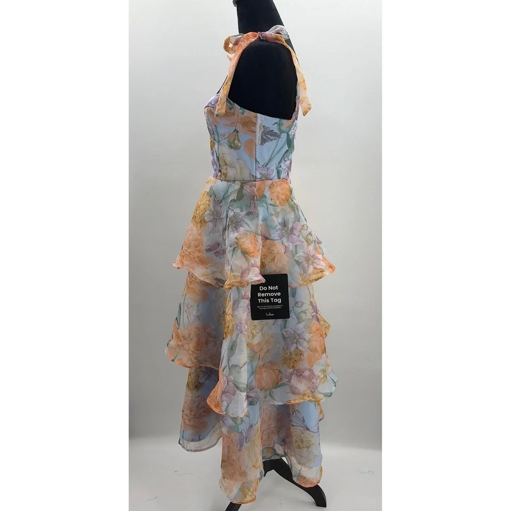 Lulus Playfully Posh Blue Floral Organza Tie-Strap Tiered Midi Dress Small NWT